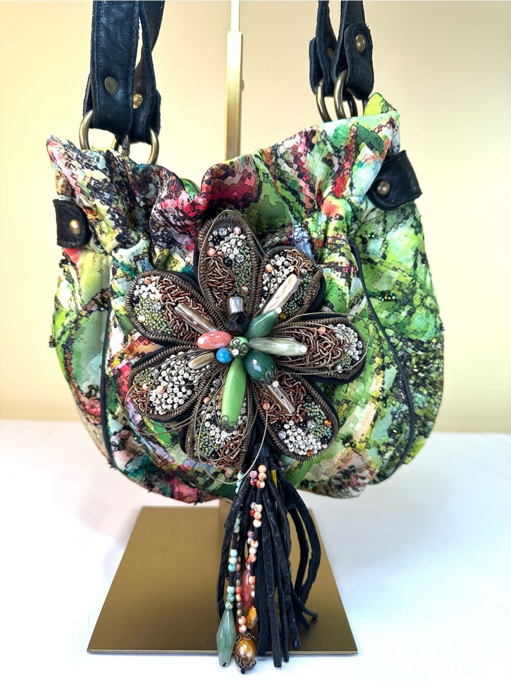 Mary Frances Vibrant Green Beaded Floral Hobo 3D flower leather detail